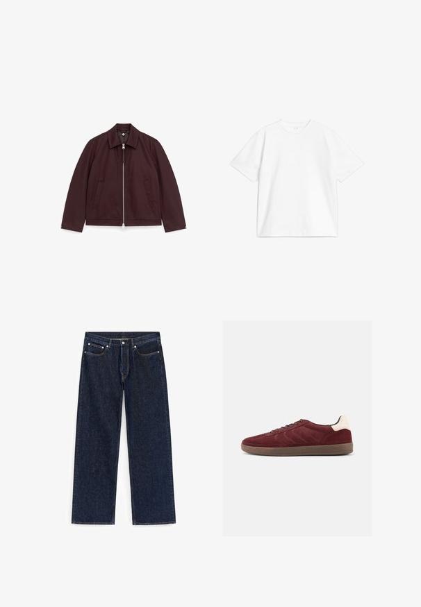 Veste zippée marron foncé avec col, manches longues et deux poches à ouverture biseautée sur le devant, posée à plat sur un fond blanc.; T-shirt en coton blanc à col rond, à manches courtes et coupe décontractée, avec un design uni sans motifs ni accents.; Jean en denim bleu foncé, coupe droite, avec fermeture par bouton, poches avant et arrière, et détails de coutures visibles.; Baskets en daim bordeaux avec fermeture à lacets, détails texturés sur les côtés et accent de talon clair. Semelle en gomme avec une finition lisse.