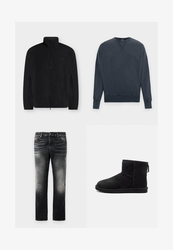 Chaqueta negra con cremallera, mangas largas, cuello alto, puños elásticos y un pequeño logo tonal en el lado izquierdo del pecho.; Sudadera de cuello redondo de color gris oscuro con mangas largas, puños y dobladillo acanalados, y un pequeño detalle triangular cosido debajo del cuello.; Jeans negros con acabado desgastado y toques rasgados, diseño estándar de cinco bolsillos y cierre con cremallera. Elaborados en tela de denim.; Botín de ante negro hasta el tobillo con punta redondeada, detalles de costura mínimos, un lazo para tirar y una suela de goma texturizada. Diseñado para brindar calidez y comodidad.