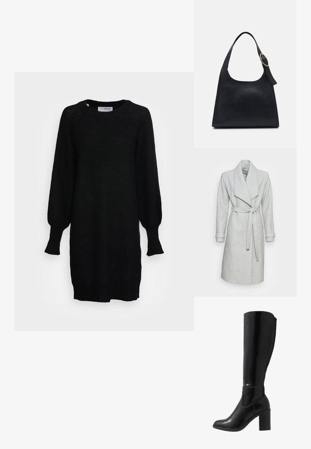 Manteau long en laine grise avec un large col et une taille ceinturée. Il présente des poignets retroussés et une silhouette droite, mettant en avant un tissu texturé doux.; Selected SLFLULU DRESS O NECK - Robe pull - black; Bottes noires à talons vernies hauteur genou, avec un bout arrondi, une texture lisse, un détail de découpe sur le côté et un talon empilé chunky.; Sac en cuir noir avec une texture lisse, un corps arrondi et une seule anse, ornée d'un accent en métal doré rond.