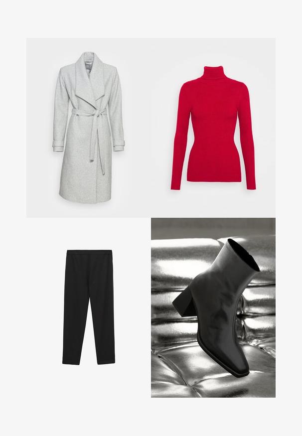 Lange grijze wollen jas met een brede revers en een ceintuur in de taille. Heeft opgerolde manchetten en een rechte silhouette, gemaakt van een zacht gestructureerde stof.; Rode geribbelde turtleneck trui met lange mouwen, gestructureerde stof, getailleerde silhouet en hoge kraag. Geen zichtbare versieringen.; Zwarte, elastische sportbroek met een gladde textuur, elastische tailleband en rechte snit, geschikt voor sportkleding of casual gebruik.; Zwarte enkellaarsjes van glanzend materiaal met een vierkante neus en taps toelopende hak, afgezet tegen een glanzende zilveren gecapitonneerde achtergrond.