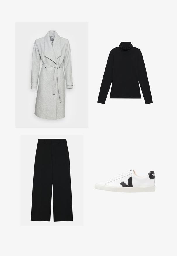 Manteau long en laine grise avec un large col et une taille ceinturée. Il présente des poignets retroussés et une silhouette droite, mettant en avant un tissu texturé doux.; Turtleneck à manches longues noir. Tissu doux, design près du corps, col montant et coutures latérales. Style simple et polyvalent, idéal pour le superposition.; Pantalons noirs à jambe large en tissu lisse. Dotés d'une taille plate avec passants de ceinture et sans poches visibles. Design simple.; Baskets blanches avec un logo V noir, présentant un dessus en cuir lisse, un bout rond, un système de laçage et un empiècement au talon noir contrastant.