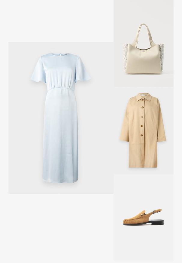 Trench coat de algodón beige con corte recto, gran cuello, cuatro botones marrones y bolsillos laterales. Textura suave y diseño minimalista.; Vestido azul claro con escote redondo, mangas cortas tipo volante, cinturilla elástica y una silueta fluida hasta el suelo. Textura suave.; Mocasín slingback de ante color tostado con suela negra, costura tipo mocasín y correa ajustable con hebilla.; Bolso tote de cuero color crema con correas dobles para el hombro y paneles laterales con un patrón en relieve con el logo repetido "DKNY".