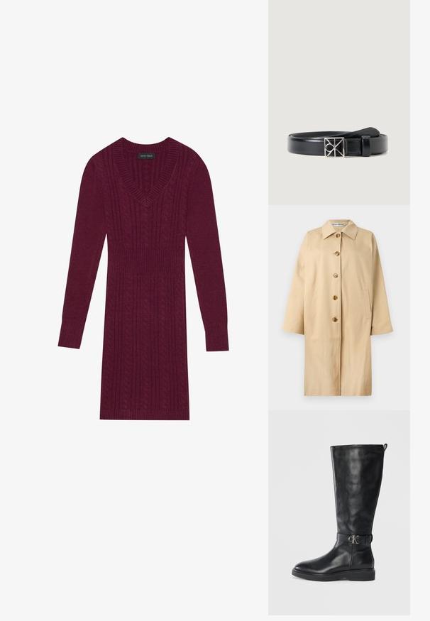 Beige puuvillane trench coat sirge lõikega, suur krae, neli pruuni nööpi ja küljetaskud. Sile tekstuur ja minimalistik disain.; Bordo kudum Kleid V-kaelusega, pikkade varrukatega, soonikute käistega ja kogu kleidi ulatuses toruknitti mustriga. Kerge talje disain.; Must muste kõrgsaapad, madala kandiga, ümarate varvastega ja metallist "CK" logo buckl strapiga pahkluude ümber.; Must must nahkvale, millel on sile tekstuur. Omab hõbedast ruudukujulist pandlit geomeetrilise disainiga ja sujuva viimistlusega.