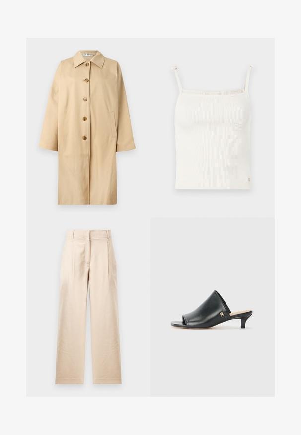 Beige Baumwoll-Trenchcoat mit geradem Schnitt, großem Kragen, vier braunen Knöpfen und Seitentaschen. Glatte Textur und minimalistisches Design.; Rippentop in Creme mit dünnen, verstellbaren Trägern und einem kleinen Logo-Akzent am Saum. Weicher Stoff. Taillierte Passform.; Beige Hose aus glattem Stoff. Mit geradem Schnitt, flachem Bund und zwei Falten. Keine sichtbaren Muster oder Beschläge.; Schwarze Leder-Pantoletten mit offenen Zehen und niedrigem Absatz. Sie verfügen über eine glatte Oberfläche und ein goldenes Logo-Detail an der Seite.