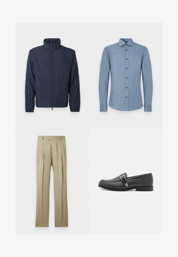 Veste légère bleu marine avec col haut, fermeture éclair sur toute la longueur, poignets élastiques et un design minimaliste ; texture lisse et sans motifs.; Chemise homme à manches longues à boutons, de couleur bleu uni et mat, avec col pointu et poignets boutonnés, présentée à plat sur un fond blanc.; Pantalon beige ajusté avec plis à l'avant, passants pour ceinture, et coupe droite, présenté sur un fond uni.; The Kooples CHAUSSURES - Chaussons - black