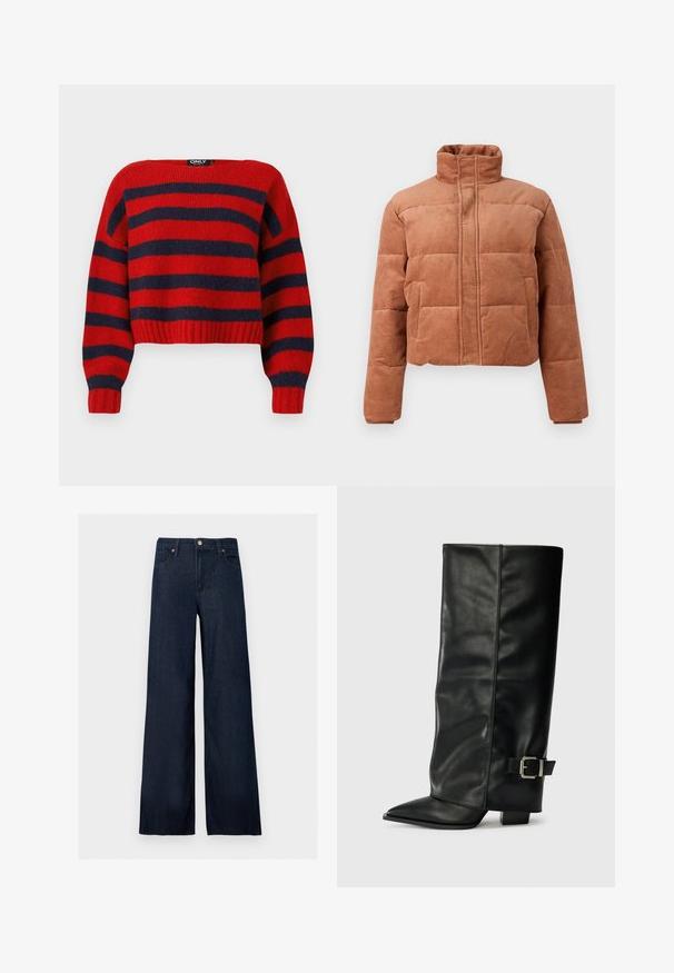 Brun kordfløjl pufferjakke med høj krave, lange ærmer, frontlynlås og to sidelommer på en ensfarvet baggrund.; Rød og marineblå stribet cropped sweater med ribbet kant og lange ærmer, lavet af blødt strikmateriale. Mærket hævder "ONLY."; Mørkeblå vidde jeans i denim med frontknap, bæltestropper og fem-lomme design på en ensfarvet baggrund.; Sorte læder ankelstøvler i ankellængde med spids tå, glat tekstur og en sølvspændeaccents på siden. Kraftig firkantet hæl.