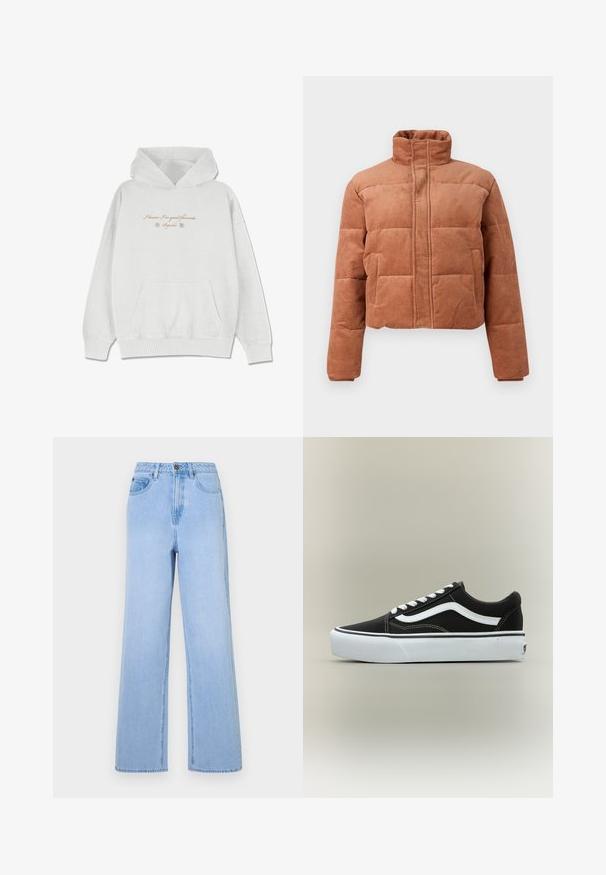 Veste matelassée en velours côtelé marron avec col haut, manches longues, fermeture éclair à l'avant et deux poches latérales sur un fond uni.; Hoodie gris clair en tissu doux avec une poche avant. Présente du texte en cursive et des accents floraux au niveau de la poitrine.; Jean taille haute bleu clair avec une coupe évasée, en denim. Comprend des coutures visibles et un style à cinq poches.; Baskets basses noires avec bande blanche latérale, lacets blancs, semelle en caoutchouc blanche et bout texturé sur fond neutre.