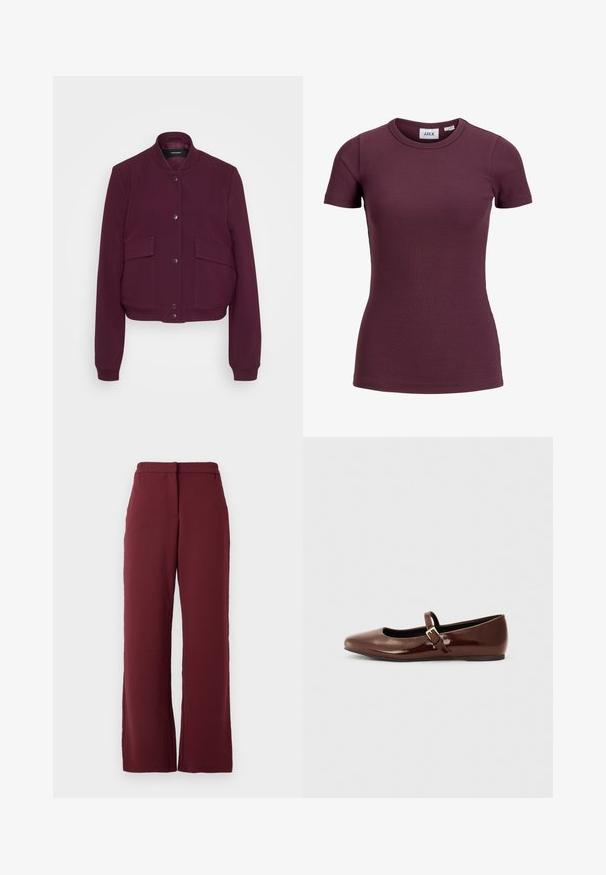 Veste bomber bordeaux avec un col rond, deux poches avant et une fermeture à bouton-pression. Tissu doux avec des poignets et un ourlet côtelés.; T-shirt côtelé ajusté à manches courtes couleur prune foncée avec col rond et étiquette avant indiquant la marque JJXX et la taille 5.; Pantalons droits pour femmes en bordeaux foncé avec une taille haute et des poches latérales, présentés sur un fond blanc uni.; Ballerine en cuir verni marron avec un bout carré et une lanière ornée d'une petite boucle dorée. Texture lisse, talon bas et design minimaliste.