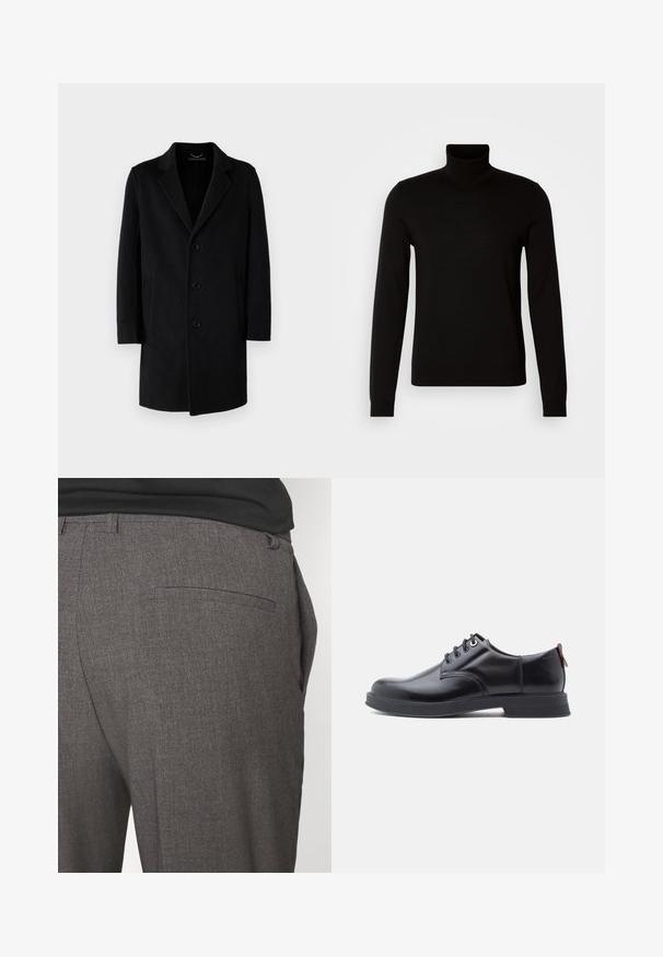 Sort uldfrakke med notch-krave, fem knaplukninger, sidelommer og en lige silhuet med lange ærmer.; Sort turtleneck sweater lavet af et fint strikket stof, der har lange ærmer og en tætsiddende silhuet. Glat tekstur med ribbede manchetter.; Grå skræddersyede bukser med en glat tekstur, udstyret med en enkelt baglomme og et slim fit design. Stoffet har et subtilt mønster.; Sorte snørestøvler i læder med glat tekstur, rundet tå og diskrete syningsdetaljer. Har en rød trækflig på hælen.