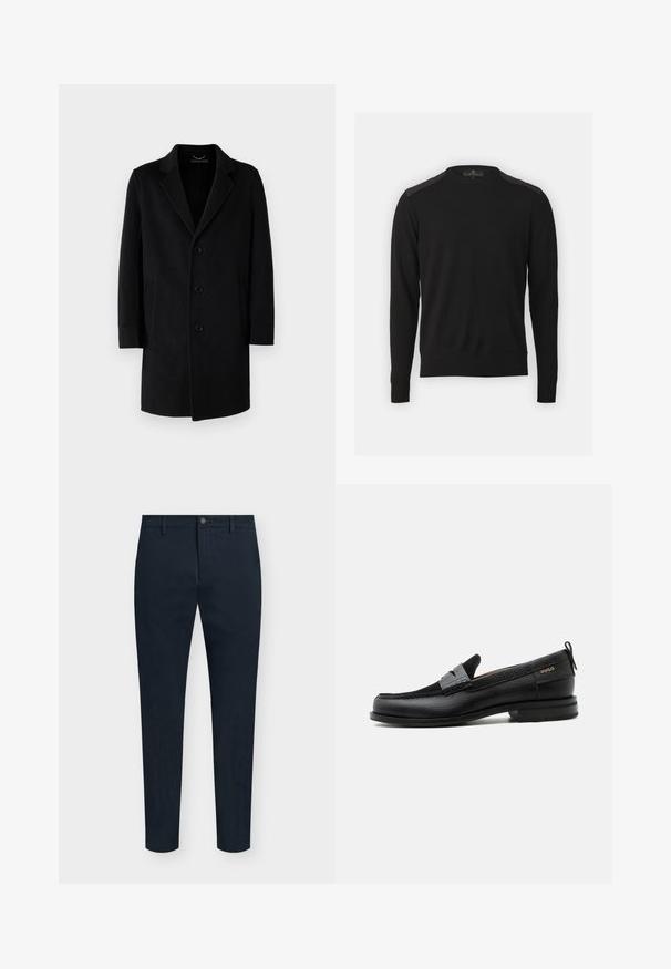 Sort uldfrakke med notch-krave, fem knaplukninger, sidelommer og en lige silhuet med lange ærmer.; Belstaff KERRIGAN CREW NECK JUMPER - Striktrøje - black; Marineblå, slim fit herrebukser med frontknap og lynlås, bæltestropper og minimalistisk design.; Sort læderloafer med grå remdetalje, lav hæl og tekstureret sål, mærket med "HUGO" i guld på siden.