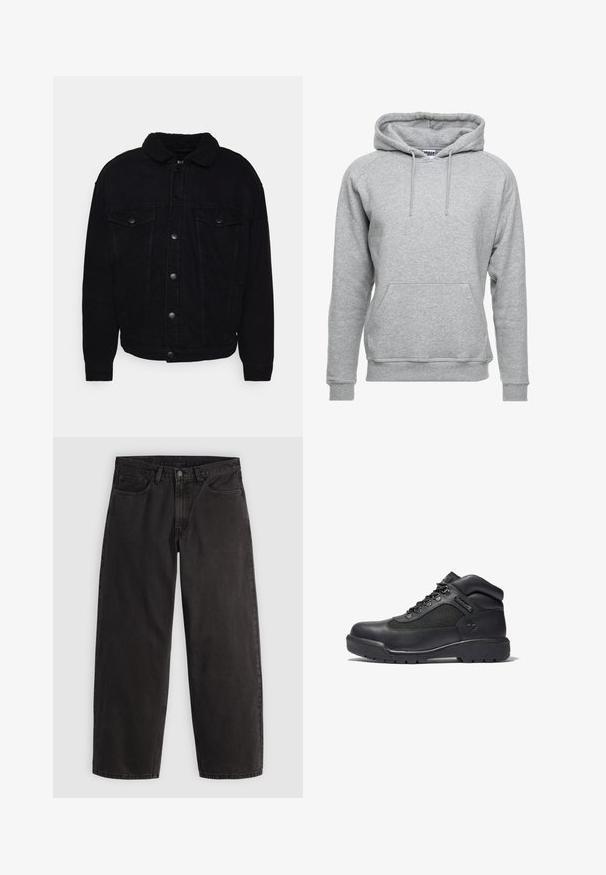 Schwarze Jeansjacke mit einem weichen Sherpa-Kragen, zwei Brusttaschen, Knopfverschluss und sichtbaren Nähten an Ärmeln und Saum.; Grauer Kapuzenpullover aus weichem Baumwollmaterial, mit einer Fronttasche, verstellbaren Kordeln und gerippten Bündchen und Saum.; Schwarze gerade geschnittene Jeans aus Denim mit fünf Taschen und Gürtelschlaufen, flach auf einem einfarbigen hellen Hintergrund liegend dargestellt.; Schwarze Wanderstiefel aus Leder und Mesh, mit gepolstertem Kragen, Schnürverschluss, Gummisohle mit Profil und geprägtem Logo.