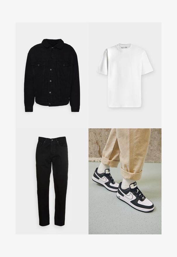Schwarze Jeansjacke mit einem weichen Sherpa-Kragen, zwei Brusttaschen, Knopfverschluss und sichtbaren Nähten an Ärmeln und Saum.; Schlichtes weißes T-Shirt mit kurzen Ärmeln und Rundhalsausschnitt, flach auf einem hellgrauen Hintergrund liegend mit einem kleinen Markenlabel im Halsausschnitt.; Schwarze Slim-Fit-Jeans mit vorderem Knopfverschluss und fünf Taschen-Design, vor einem schlichten hellgrauen Hintergrund präsentiert.; Schwarz-weiße Nike Air Force 1 Sneaker mit einem Obermaterial aus Leder, perforierter Zehenpartie und strukturiertem Sohlendesign, getragen mit aufgerollten beigen Hosen und weißen Socken.