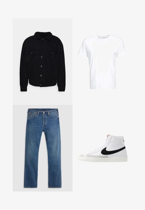 Schwarze Jeansjacke mit einem weichen Sherpa-Kragen, zwei Brusttaschen, Knopfverschluss und sichtbaren Nähten an Ärmeln und Saum.; Weißes Baumwoll-T-Shirt mit rundem Ausschnitt und kurzen Ärmeln, im klassischen Schnitt und mit glatter Textur. Keine sichtbaren Muster oder Hardware.; Blaue geradlinige Jeans aus Denim mit fünf Taschen, Gürtelschlaufen sowie einem Verschluss mit Knopf und Reißverschluss auf einem schlichten Hintergrund.; Weiße High-Top-Sneaker mit einem schwarzen Swoosh, strukturiertem grauen Zehenkappeneinsatz und flacher weißer Sohle. Verfügt über sechs Ösen und genähte Akzente.