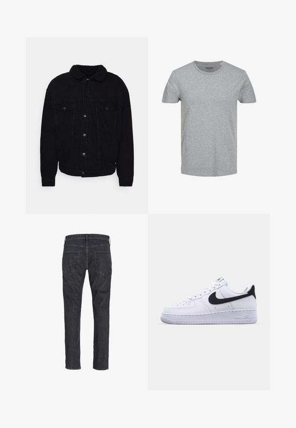 Schwarze Jeansjacke mit einem weichen Sherpa-Kragen, zwei Brusttaschen, Knopfverschluss und sichtbaren Nähten an Ärmeln und Saum.; Grau T-Shirt mit kurzen Ärmeln aus weicher Baumwolle. Mit klassischem Rundhalsausschnitt und normaler Passform. Einfaches Design ohne Muster oder Akzente.; Dunkelgraue Jeans mit geradem Bein, von hinten gezeigt, mit zwei Gesäßtaschen und Gürtelschlaufen am Bund.; Weißes Leder-Sneaker mit einem strukturierten schwarzen Swoosh, flachen Schnürsenkeln und einer Gummisohle mit genoppetem Muster. "AIR" ist auf der Ferse eingeprägt.