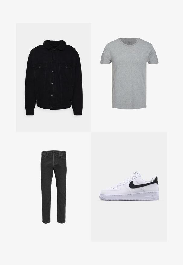 Sort denimjakke med en blød sherpa-krave, to brystlommer, knaplukning og synlig søm på ærmer og kant.; Grå kortærmet T-shirt lavet af blød bomuld. Har en klassisk rund halsudskæring og en regulær pasform. Enkel design uden mønstre eller detaljer.; Sorte denimbukser med lige ben, fem lommer og bæltestropper, der har en let falmet tekstur og kontraststing. ; Hvide lædersneakers med en struktureret sort Swoosh, flade snørebånd og en gummisål med et rillemønster. "AIR" er præget på hælen.