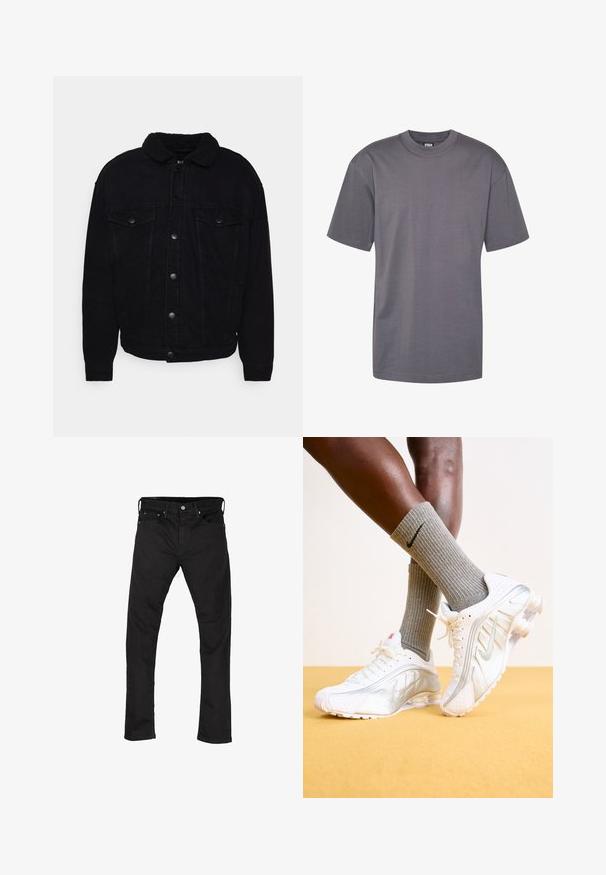 Sort denimjakke med en blød sherpa-krave, to brystlommer, knaplukning og synlig søm på ærmer og kant.; Grå bomulds T-shirt med rund halsudskæring og korte ærmer, der har et enkelt design og lige kant, velegnet til afslappet brug.; Sorte denim jeans med lige ben-design, fem-lomme stil og metalknaplukning. Glat tekstur og ensartet farve hele vejen igennem.; Nike sneakers i hvid med sølv accenter, der har teksturerede paneler og perforeringer. Sammen med grå ribbede sokker, sat mod en gul baggrund.