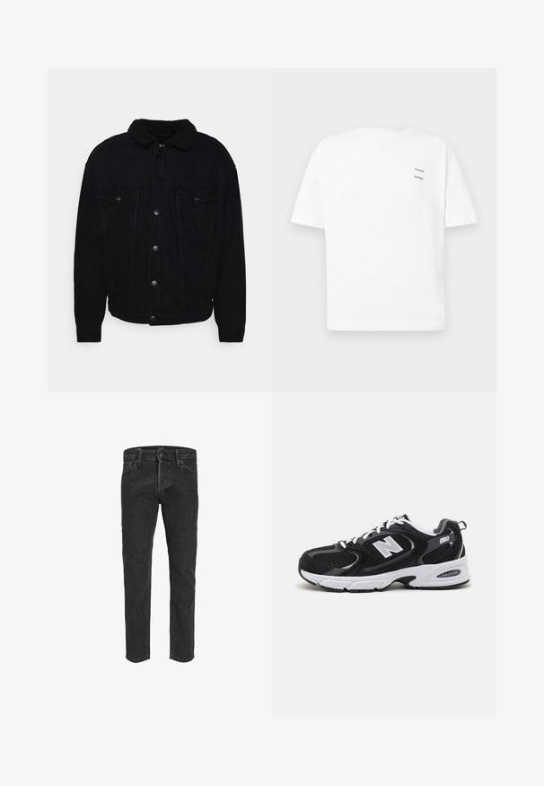 Sort denimjakke med en blød sherpa-krave, to brystlommer, knaplukning og synlig søm på ærmer og kant.; Hvid bomulds t-shirt med en afslappet pasform, korte ærmer og V-udskæring. Har to små sorte trykte logoer på venstre side.; Sorte denimbukser med lige ben, fem lommer og bæltestropper, der har en let falmet tekstur og kontraststing. ; Sorte og grå sportssko med mesh og ruskind på overdelen, der har en hvid mellemsål, snørebånd og et iøjnefaldende "N" logo på siden.