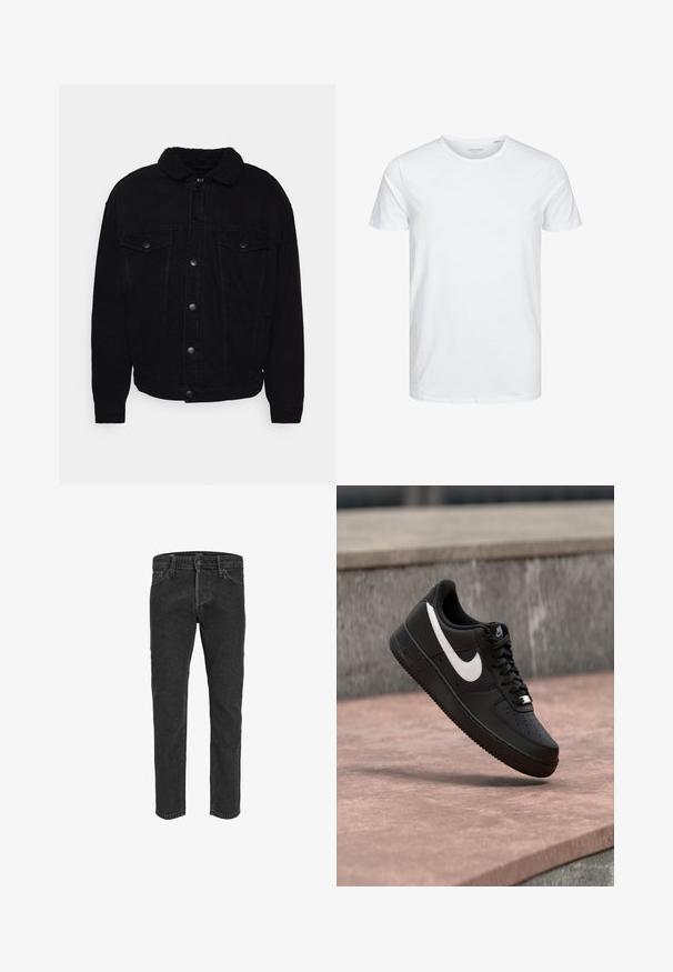 Zwarte denimjas met een zachte sherpa-kraag, twee borstzakken, knoopsluiting en zichtbaar stiksel op de mouwen en de zoom.; Ronde hals kortemouwen t-shirt in effen wit, gemaakt van zachte katoen, heeft een eenvoudig ontwerp zonder zichtbare patronen of accenten.; Zwarte denim jeans met een rechte pasvorm, vijf zakken en riemlussen, met een licht vervaagde textuur en contrasterende stiksels.; Zwarte Nike Air Force 1 sneaker met wit swoosh-logo zwevend boven een stenen oppervlak en een grijze, getextureerde muur op de achtergrond.