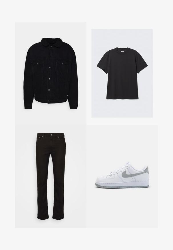 Schwarze Jeansjacke mit einem weichen Sherpa-Kragen, zwei Brusttaschen, Knopfverschluss und sichtbaren Nähten an Ärmeln und Saum.; Schwarzes T-Shirt mit kurzen Ärmeln aus Baumwolle. Hat einen Rundhalsausschnitt und eine lockere Passform. Einfaches Design ohne sichtbare Muster oder Akzente.; Schwarze Denim-Jeans mit geradem Schnitt, ausgestattet mit einem klassischen Fünf-Taschen-Design, einem Metallknopfverschluss und dezenten Nähdetails.; Weiße Leder-Sneaker mit einem grauen Swoosh-Logo, perforierter Zehenpartie und gummierter, strukturierter Außensohle. Kurze Knöchelhöhe.