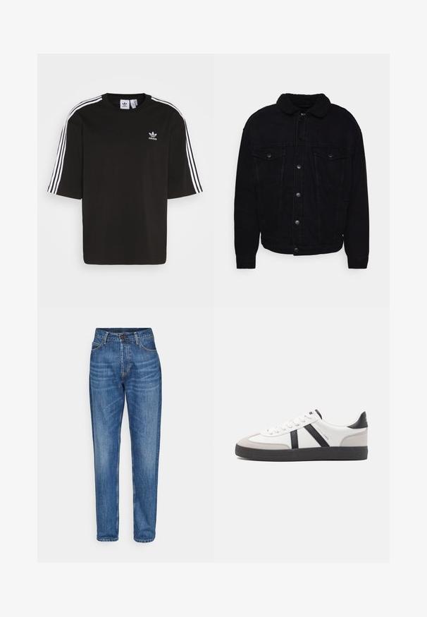 Veste en denim noir avec un col en sherpa doux, deux poches poitrine, fermeture à boutons et coutures visibles sur les manches et l'ourlet.; T-shirt noir à manches courtes en coton, avec des accents de trois rayures blanches sur les épaules et un logo Adidas brodé sur la poitrine.; Jean en denim bleu avec une coupe droite, taille haute, poches avant et fermeture à un seul bouton. Lavage moyen avec un léger délavage.; Baskets blanches avec des accents noirs et gris, présentant un embout texturé gris, une semelle en caoutchouc noir et des lacets plats blancs. Design épuré, style minimaliste.