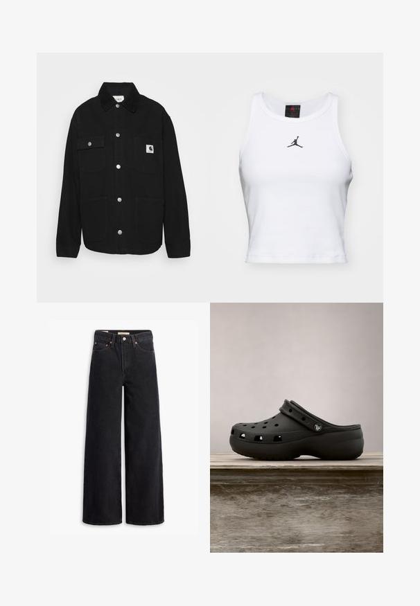 Sort jakke lavet af robust stof, med krave, trykknapper, to brystlommer og et logo-patch på den venstre lomme.; Hvid cropped tanktop lavet af bomuld med ribbet tekstur. Har et sort Jordan-logo i midten og en klassisk rund halsudskæring.; Sorte brede benjeans lavet af denim, med fem lommer, kobbernitter og en klassisk knaplukning. Glat tekstur med et rent design.; Sort gummiklæde med ventilationshuller, hævet hæl, rygrem og tekstureret sål. Glat overflade med et minimalistisk design.