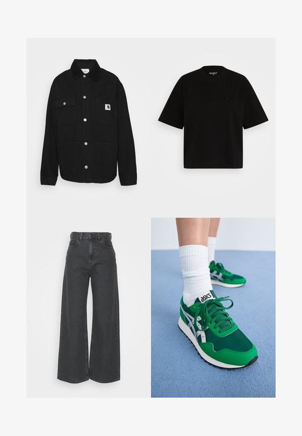 Chaqueta negra hecha de una tela resistente, con cuello tipo solapa, botones de presión, dos bolsillos en el pecho y un parche con logo en el bolsillo izquierdo.; Camiseta de algodón negra con un corte relajado, mangas cortas, cuello redondo y un pequeño detalle del logo en el lado izquierdo del pecho.; Jeans de tiro alto y pierna ancha en denim gris oscuro. Diseño clásico con un corte recto, que incluye trabillas para cinturón y bolsillos frontales.; Zapatillas de malla verde y sintéticas con acentos blancos y suela de goma negra. Incluyen cordones, collar acolchado y logo de ASICS en la lengüeta.
