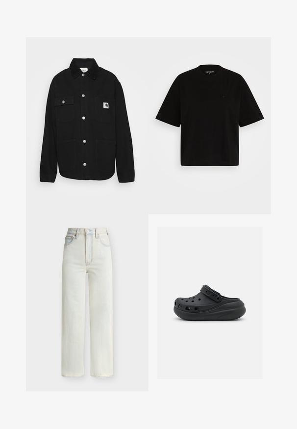 Schwarze Jacke aus robustem Stoff, mit einem kragenförmigen Hals, Druckknöpfen, zwei Brusttaschen und einem Logo-Patch auf der linken Tasche.; Schwarzes Baumwoll-T-Shirt mit lockerer Passform, kurzen Ärmeln, Rundhalsausschnitt und einem kleinen Logo-Detail auf der linken Brust.; Hoch sitzende Jeans mit geradem Bein in Hellblau, mit vorderem Knopf, Reißverschluss und Fünf-Taschen-Stil.; Schwarzer Gummischuh mit Belüftungsöffnungen, erhöhtem Absatz und verstellbarem Riemen. Glatte Textur und abgerundete Form.