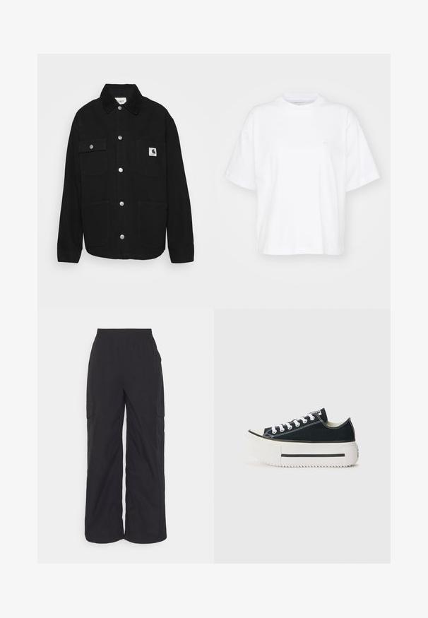 Schwarze Jacke aus robustem Stoff, mit einem kragenförmigen Hals, Druckknöpfen, zwei Brusttaschen und einem Logo-Patch auf der linken Tasche.; Weißes Baumwoll-T-Shirt mit Rundhalsausschnitt, kurzen Ärmeln und lockerer Passform. Verfügt über ein dezentes Logo auf der linken Brustseite. Glatte Textur.; Schwarze Cargo-Hose mit weitem Bein und elastischem Bund, ausgestattet mit zwei seitlichen Cargo-Taschen, leichtem Stoff und glatter Textur.; Schwarze Canvas-Sneaker mit einer weißen Gummisohle, die eine dicke Plateausohle, weiße Schnürsenkel und kontrastierende Nähte entlang der Nähte aufweisen.
