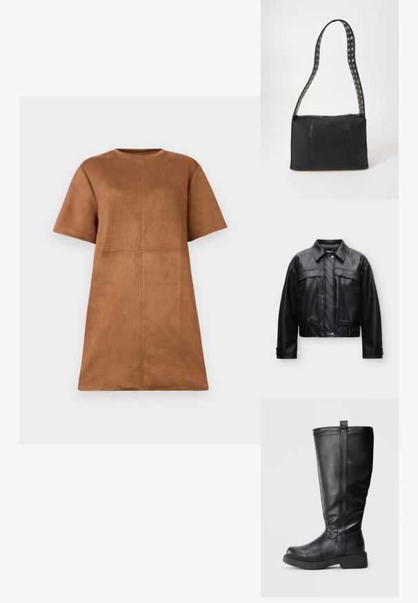 Chaqueta corta negra de piel sintética con botones a presión delanteros, grandes bolsillos en el pecho, bajo elástico y cuello puntiagudo.; Vestido corto de ante marrón con mangas cortas, escote de barco y detalles de costura vertical y horizontal en el frente.; Botas negras hasta la rodilla hechas de cuero liso, con punta redondeada, suela plana y un detalle de costura vertical a lo largo del lateral.; Bolso de cuero negro con forma rectangular, que cuenta con un cierre de cremallera y una correa con lunares. Textura suave, con detalles de costura mínimos.