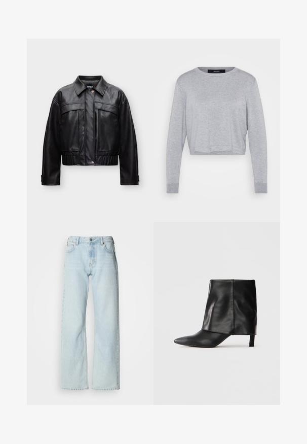 Μαύρο cropped μπουφάν από ψεύτικο δέρμα με πατιλέτα με κουμπιά μπροστά, μεγάλες τσέπες στο στήθος, ελαστική ραφή στη μέση και μυτερή γιακα.; Ανοιχτό γκρι κοντό πουλόβερ με στρογγυλή λαιμόκοψη, μακριά μανίκια, ριγωτές μανσέτες και μαλακή, υφασματοποιημένη υφή.; Ανοιχτό μπλε, τζιν με φαρδιά μπατζάκια κατασκευασμένο από denim. Διαθέτει κλασικό σχεδιασμό με πέντε τσέπες, θηλιές για ζώνη και κούμπωμα με κουμπί. Ελαφρώς ξεθωριασμένη υφή.; Μαύρη δερμάτινη μπότα μεσαίου μήκους με μυτερή μύτη, διπλωμένο επάνω κομμάτι και λεπτό χαμηλό τακούνι, τοποθετημένη σε άσπρο φόντο.