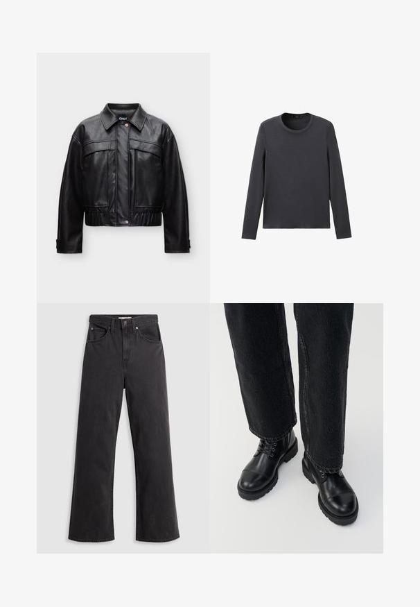 Veste courte noire en simili cuir avec boutons-pression devant, grandes poches poitrine, ourlet élastiqué et col pointu.; Chemise à manches longues gris foncé, col rond, fabriquée en mélange de coton doux, avec un design simple sans motifs ni accents.; Jeans larges en denim noir à taille haute, avec cinq poches et une fermeture à bouton en métal. Le tissu a une texture lisse et légèrement décolorée.; Bottines en cuir noir avec bout rond, lacets et semelle épaisse et robuste. Associées à un jeans foncé avec un détail d'ourlet brut.