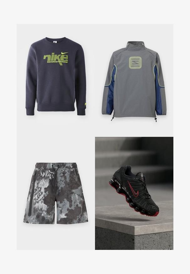 Veste grise avec des panneaux latéraux bleu marine et une bordure jaune néon, présentant un logo géométrique centré sur le haut du dos et des fermetures éclair sur le col.; Sweatshirt bleu marine en mélange de coton, avec un logo et le texte "nike international sportswear" en néon vert sur la poitrine, des poignets et un ourlet côtelés.; Shorts de sport pour hommes avec un motif camouflage abstrait gris et noir, taille élastique avec cordon de serrage, et poche latérale zippée.; Chaussure de sport Nike noire et rouge avec une semelle visible en forme de ressort, en équilibre sur le bord d’une marche en béton.