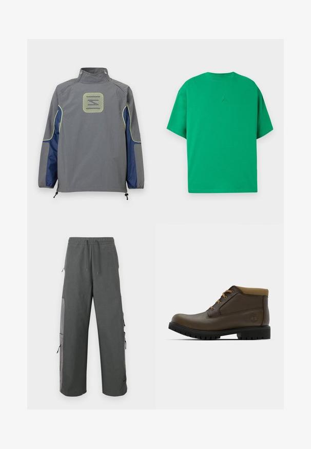 Grijze jas met marineblauwe zijpanelen en neongele biezen, met een geometrisch logo in het midden van de bovenrug en ritsen aan de kraag.; Groene T-shirt met korte mouwen en ronde hals, met een klein reliëf Jumpman-logo in het midden van de borst.; Donkere grijze cargobroek met een elastische tailleband, trekkoord, zijzakken en mesh-details, met een losse, ontspannen pasvorm.; Bruine leren enkellaarzen met een gestructureerde afwerking, tan kleurige stoffen boord, zwarte rubberen zool en bruine veters. Timberland-logo ingedrukt op de zijkant.