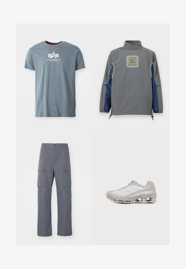Grå jakke med marineblå sidepaneler og neon gul kant, med et geometrisk logo centreret på den øvre del af ryggen og lynlåse ved kraven.; Grå bomulds t-shirt med rund halsudskæring og korte ærmer. Forsiden viser et hvidt logo med trekantet design og tekst.; Grå cargo-bukser lavet af holdbart stof. Funktioner inkluderer en elastisk talje, to store sidelommer og en lige benudskæring.; Grå og hvid atletiksko med mesh-paneler, snørelukning og en unik fjedrende sål til stødabsorbering og støtte.