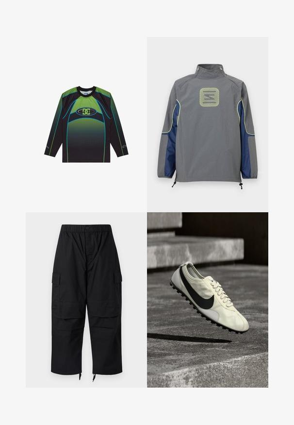 Chaqueta gris con paneles laterales azul marino y ribete amarillo neón, con un logo geométrico centrado en la parte superior de la espalda y cremalleras en el cuello.; Camisa deportiva de manga larga hecha de tela de malla negra y verde, con un diseño degradado, el logo de DC y acentos azules en contraste.; Pantalones cargo negros con cintura elástica, múltiples bolsillos y cremalleras en los tobillos, con un diseño relajado y holgado.; Zapatilla blanca Nike con logo Swoosh negro, cordones y suela de goma con tracción, mostrada en el aire sobre unas escaleras de hormigón.