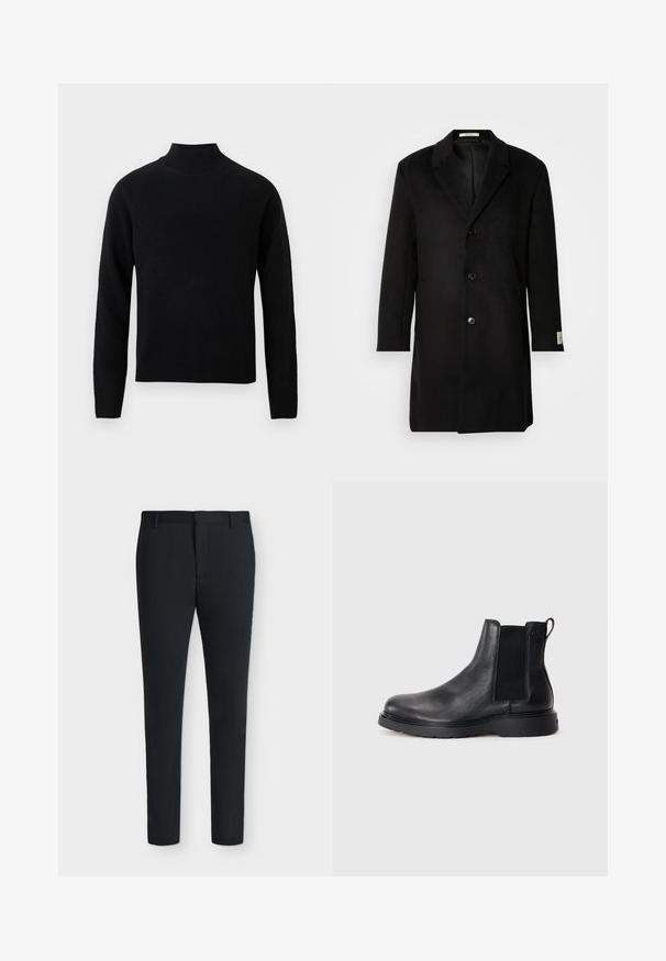 Manteau en laine noire avec une fermeture à boutons simple, revers crantés, manches longues et une silhouette épurée. Présente un accent de poignet labelisé.; Pull noir à col roulé avec manches longues, fabriqué en maille douce. Caractérisé par un col et un ourlet côtelés pour une silhouette ajustée.; Pantalon de costume noir coupe slim avec passants pour ceinture, fermeture éclair à l’avant et sans poches visibles, présenté sur un fond blanc uni.; Bottes Chelsea en cuir noir avec une finition texturée, des panneaux latéraux élastiques et une semelle en caoutchouc robuste. Branding subtil sur le talon.