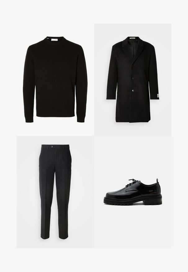 Manteau en laine noire avec une fermeture à boutons simple, revers crantés, manches longues et une silhouette épurée. Présente un accent de poignet labelisé.; Pull en maille noir à manches longues, col rond, avec poignets et bas côtelés, présenté sur un fond blanc uni.; Lindbergh Pantalon classique - black melange; Chaussure en cuir noir poli à lacets, semelle en caoutchouc épaisse et talon bas, texte de marque "SAMSOE" sur le côté et languette arrière.
