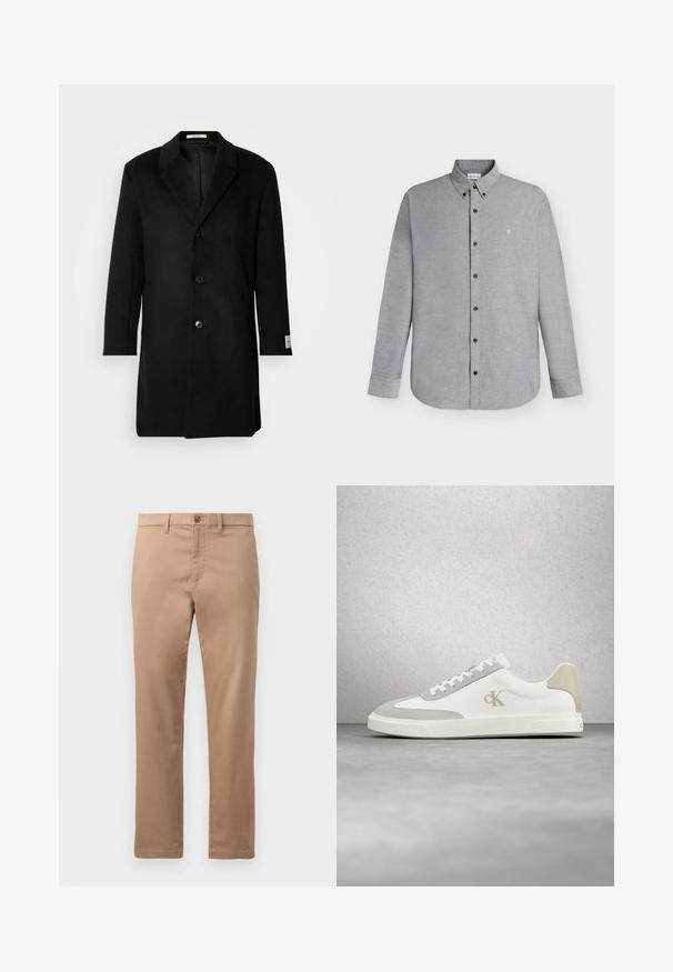 Manteau en laine noire avec une fermeture à boutons simple, revers crantés, manches longues et une silhouette épurée. Présente un accent de poignet labelisé.; Chemise gris clair à manches longues avec boutons, col boutonné et petit logo "cK" brodé sur la poitrine gauche.; Chinos beige en coton avec une texture lisse, dotés d'une fermeture éclair et d'un bouton. Design à jambe droite, sans motifs ni accents visibles.; Baskets blanches Calvin Klein avec accents en daim beige et logo, flottant au-dessus d'un sol gris lisse avec un mur en blocs de verre en arrière-plan.