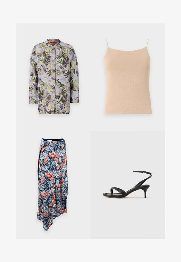 Quiltet jakke med botanisk print med grønne og lilla blade på en lyseblå baggrund. Rund halsudskæring, ingen synlige lukninger.; Beige strik camisole med tynde stropper, med en tætsiddende pasform og tekstureret stof, ideel til lag-på-lag styling eller afslappet brug.; Rabanne Pencil skirt - english tapestry/pink/blue/green; Sort damesandal i læder med tynde remme, en tå-loop, ankelspænde og en mellemhøj stiletthæl på en neutral baggrund.