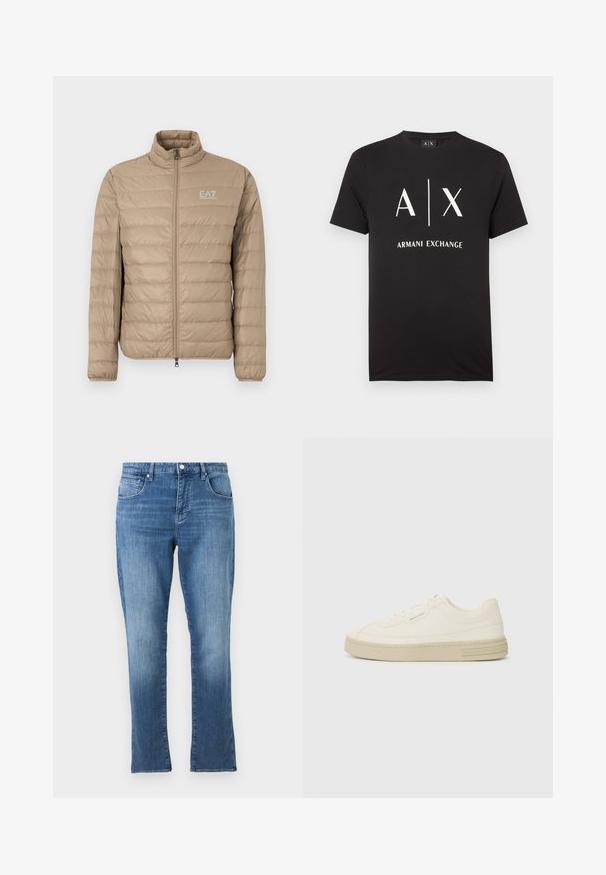 Beige donzen jas met een hoge kraag, verticale stiksels, ritssluiting en een klein EA7-logo op de linkerborst. Gladde textuur.; Zwart katoenen T-shirt met de initialen "A|X" en "ARMANI EXCHANGE" in het wit gedrukt. Ronde hals en korte mouwen.; Blauwe spijkerbroek met rechte pijpen, voorzijde met knoop- en ritssluiting, en een ontwerp met vijf zakken, afgebeeld op een effen lichte achtergrond.; Witte canvas sneakers met een gestructureerde rubberen zool, featuring een gestikte neuskap en logo-accent op de hak. Eenvoudig vetersluiting ontwerp.