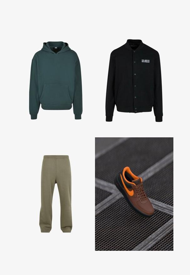 Schwarze Jacke mit durchgehender Knopfleiste, auf der "LOS ANGELES" weiß gestickt ist. Hergestellt aus weichem Material mit gerippten Bündchen und Saum.; Grüne Kapuzenjacke aus weichem Material, mit einer Kängurutasche, entspannter Passform, gerippten Bündchen und Saum sowie einer doppellagigen Kapuze.; Olivgrüne Sweatpants mit elastischem Bund, entspannter Passform und schlichter Gestaltung, vor einem weißen Hintergrund dargestellt.; Braune Ledersneaker mit orangefarbenen Akzenten, runder Zehenpartie, Schnürdesign und strukturiertem Obermaterial. Grüne Gummisohle mit sichtbarem "AIR"-Branding.