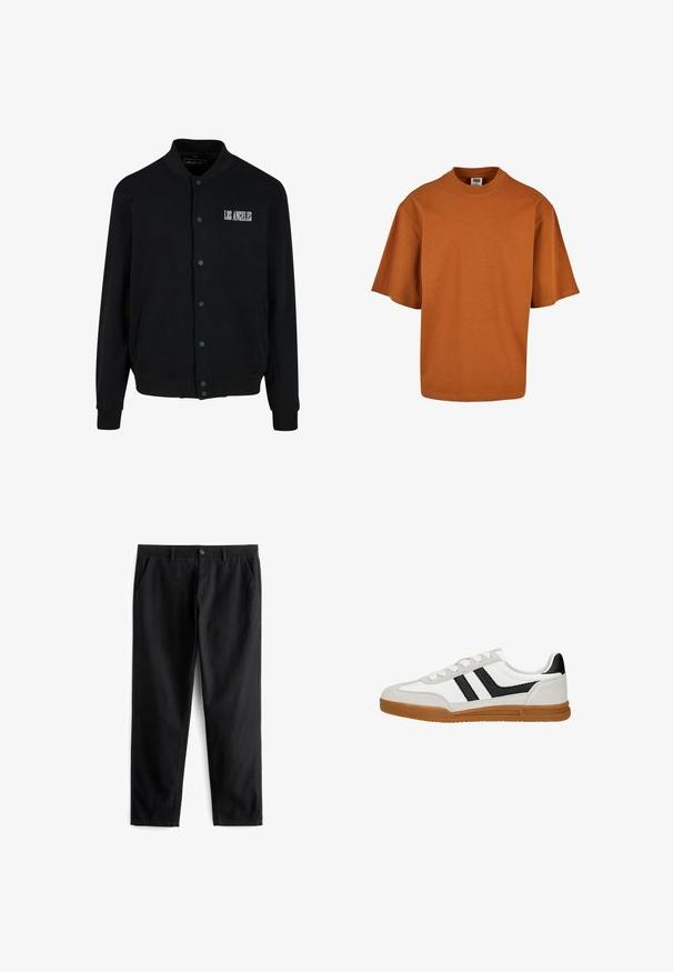 Zwarte jas met een knoopsluiting aan de voorkant, voorzien van "LOS ANGELES" geborduurd in het wit. Gemaakt van zacht stof met ribgebreide manchetten en zoom.; Korte mouwen t-shirt in verbrand oranje, gemaakt van katoen. Heeft een ronde halslijn en een relaxte pasvorm met minimale naden.; Zwarte broek van duurzaam materiaal, met twee voorzakken, een knoopsluiting, een platte voorkant en een recht gesneden pijp.; Witte en grijze sneaker met zwarte strepen, witte veters en een bruine rubberen zool, zijaanzicht op een witte achtergrond.