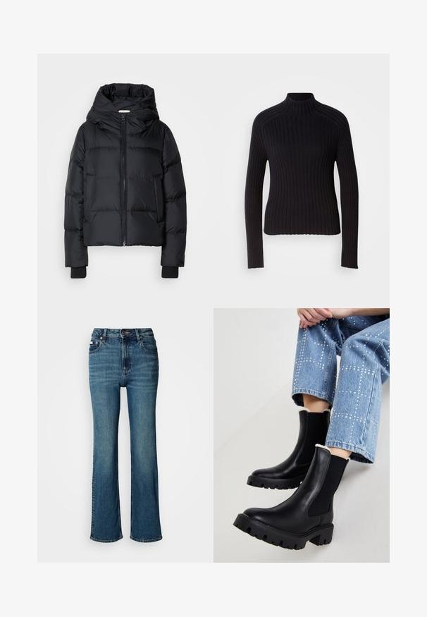 Sort polstret jakke med hætte, frontlukning med lynlås og elastiske manchetter. Glat overflade med horisontale quiltede detaljer.; Sort rippet turtleneck sweater med lange ærmer, tætsiddende design og struktureret overflade. Fremstillet af et strækbart strikket stof.; Højtaljede blå jeans lavet af denim, med lige ben design, subtil fading, og en standard knap- og lynlås lukning.; Sorte læder ankelstøvler med elastiske sidepaneler, teksturerede klodsede såler og lammeskindforing øverst, parret med lyseblå dekorerede jeans.