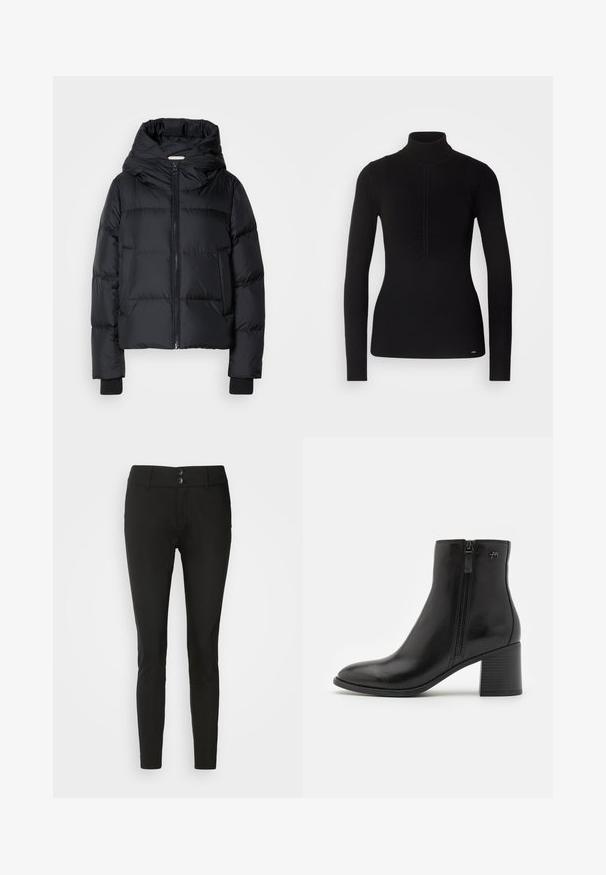 Sort polstret jakke med hætte, frontlukning med lynlås og elastiske manchetter. Glat overflade med horisontale quiltede detaljer.; Sort ribbet rullekravesweater med lange ærmer, tekstureret stof, samlet detalje foran og en diskret logoaccent ved kanten.; Sorte slim-fit bukser lavet af glat stof, med to forknapper og et klassisk liv. Ingen synlige mønstre eller dekorationer.; Sorte ankelstøvler lavet af glat læder med en lynlås på siden. De har en spids tå og en tekstureret blokhæl for stabilitet.