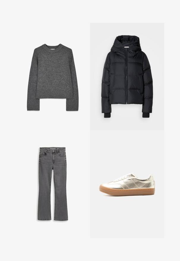 Sort polstret jakke med hætte, frontlukning med lynlås og elastiske manchetter. Glat overflade med horisontale quiltede detaljer.; Grå strikket sweater med lange ærmer, rund hals, ribbede manchetter og kant. Blød tekstur med et let cropped design.; Grå bootcut jeans lavet af denim, med et klassisk fem-lomme design, subtil falmning og stikninger langs sømmene.; Lavtopet sneaker med metallisk gyldent overdel, hvide snørebånd og lys brun gummisål på en ensfarvet lys baggrund.