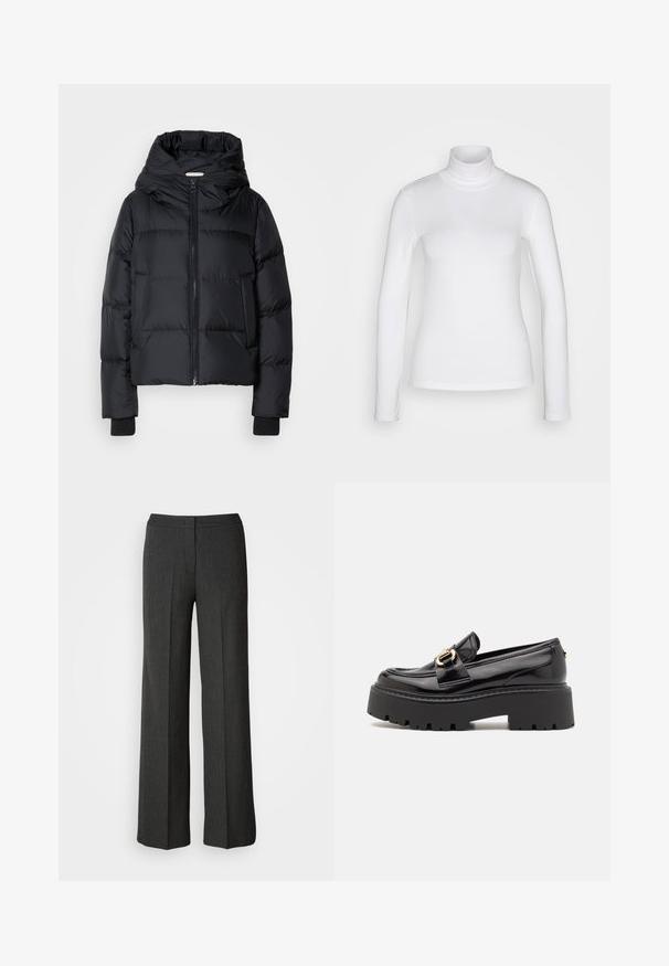 Veste rembourrée noire avec capuche, fermeture éclair à l'avant et poignets élastiqués. Texture lisse avec des détails de matelassage horizontal.; Chemise à col roulé blanc à manches longues en tissu lisse et extensible. Offre une coupe ajustée et un col haut. Pas de motifs ni d'accents visibles.; Pantalons larges en gris foncé, fabriqués à partir d'un tissu texturé. Dotés d'une taille ajustée et d'un subtil motif à rayures.; Steve Madden OCCUPY - Chaussons - black