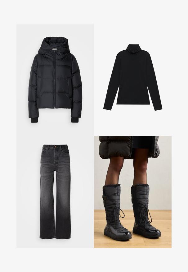Sort polstret jakke med hætte, frontlukning med lynlås og elastiske manchetter. Glat overflade med horisontale quiltede detaljer.; Sort turtleneck med lange ærmer. Blødt stof, tætsiddende design, høj krave og sidesøm. Simpel og alsidig stil, der er velegnet til lag-på-lag.; Sorte afslappede jeans med høj talje, fem lommer, knaplukning og en subtil falmet tekstur. Tyk stof med en struktureret pasform.; Knæhøje sorte pufferstøvler med fake fur kant, skinnende vandtæt overdel, tekstureret sål og justerbar snøre detaljer.