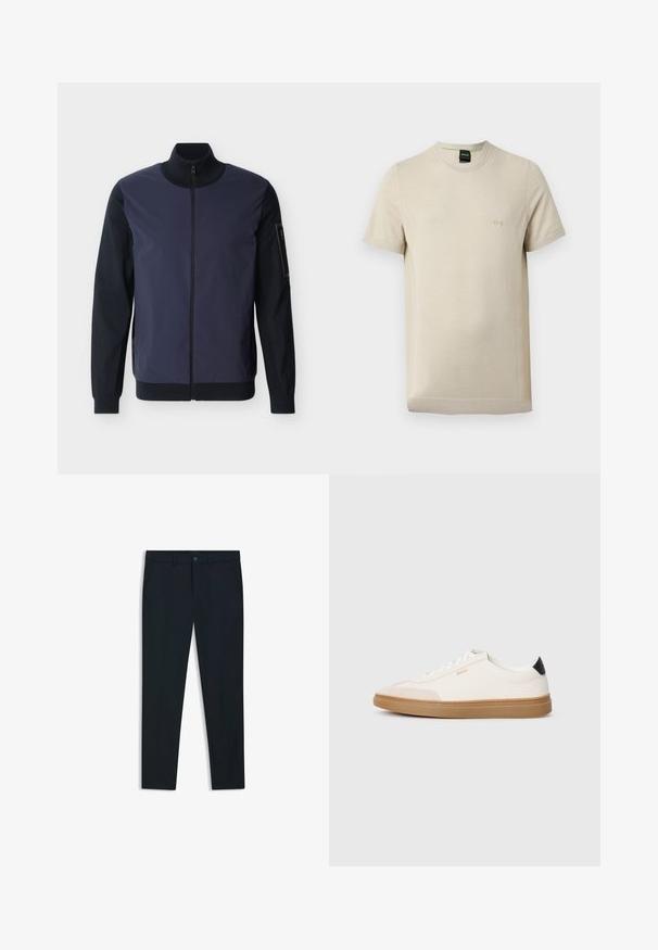 Marineblauw en zwart jack met ritssluiting, hoge kraag, lange mouwen, geribbelde manchetten en een klein ritsvakje op de linkermouw.; Beige T-shirt met korte mouwen en ronde hals, met subtiele textuur en klein opgedrukt "BOSS"-logo op de linkerborst.; Marineblauwe, op maat gemaakte broeken van een gladde stof; voorzien van steekzakken, riemlussen en een knoopsluiting. Rechtaf lopend ontwerp.; Witte sneakers met beige accenten, bovenwerk van glad leer, ronde neus en rubberen gumzool, met een zwarte hieltab en subtiele branding.