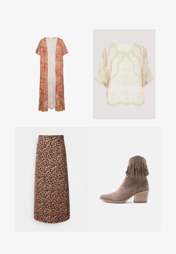 Lang, letvægts kimono-lignende cover-up i et rødt og gyldent paisley mønster, med korte ærmer, åben front og lagdelt kant.; Beige broderet bluse med indviklet blonderibånd, korte ærmer og rund halsudskæring samt strukturerede blomsterprint over det hele.; Leopardmønstret midi-nederdel i beige og sort, med lige snit, to baglommer og en glat tekstur.; Taupe ruskindsankelstøvle med frynsedetalje, spids tå og stablet blokhæl mod en hvid baggrund.