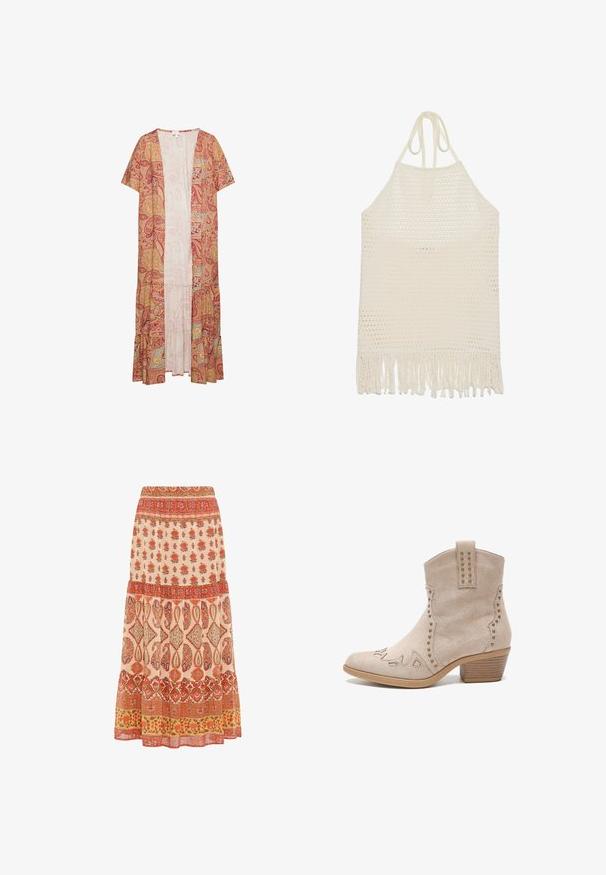 Langes, leichtes Kimono-inspiriertes Überkleid in einem roten und goldenen Paisleymuster, mit kurzen Ärmeln, offenem Vorderteil und gestuftem Saum.; Häkeltop im Off-White mit strukturiertem, offenem Gewebe und fransigem Saum. Hergestellt aus weichem Garn für Komfort und Atmungsaktivität.; Langer Rock mit roten, orangen und gelben floralen und geometrischen Mustern in horizontalen Abschnitten auf beigem Hintergrund.; Beige Wildlederstiefelette mit einer spitzen Zehenpartie, dekorativer Naht und Metallnieten entlang der Kanten. Verfügt über einen niedrigen, gestapelten Absatz.